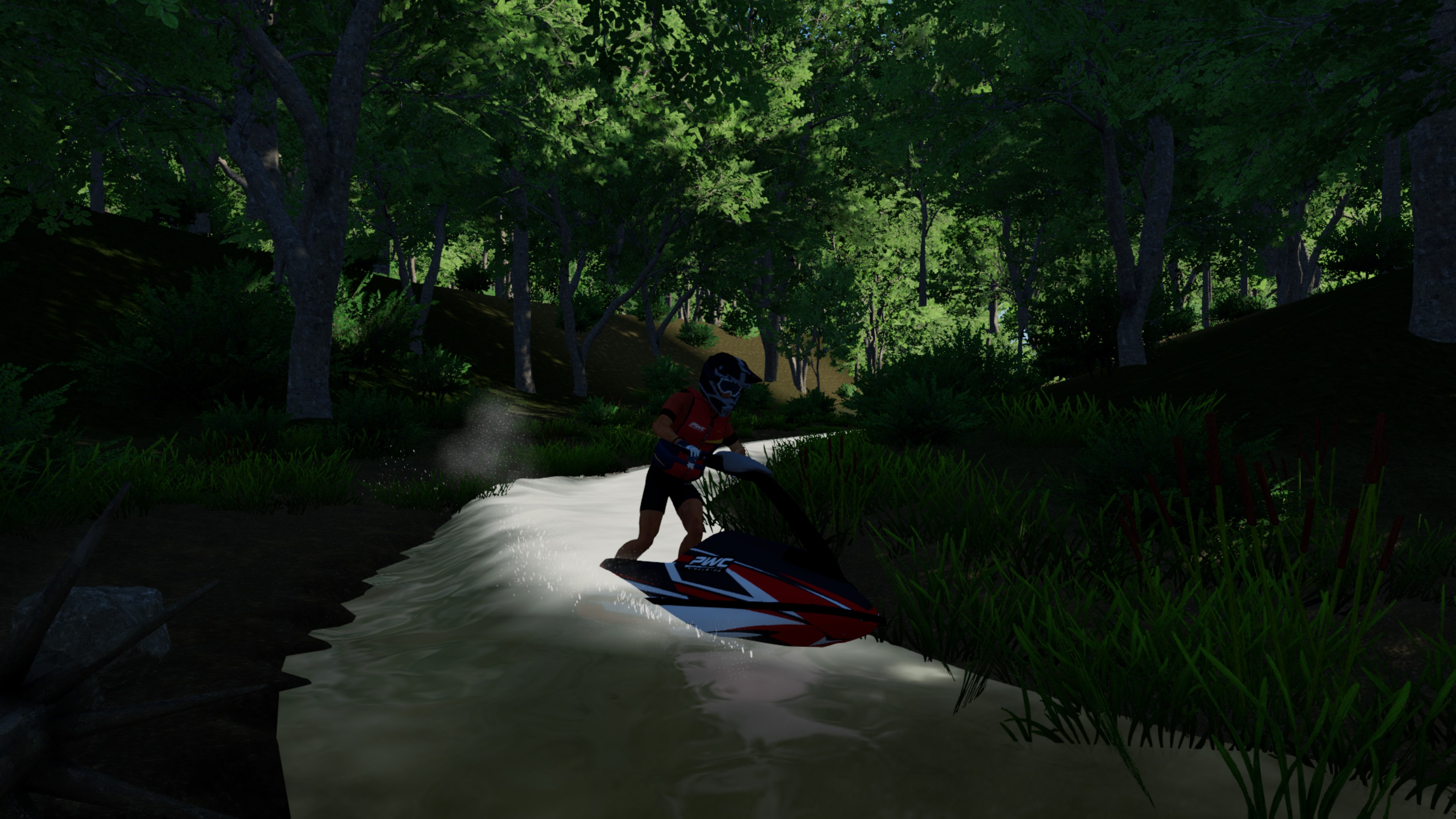 A stand-up rider navigating the narrow tree-lined Creek