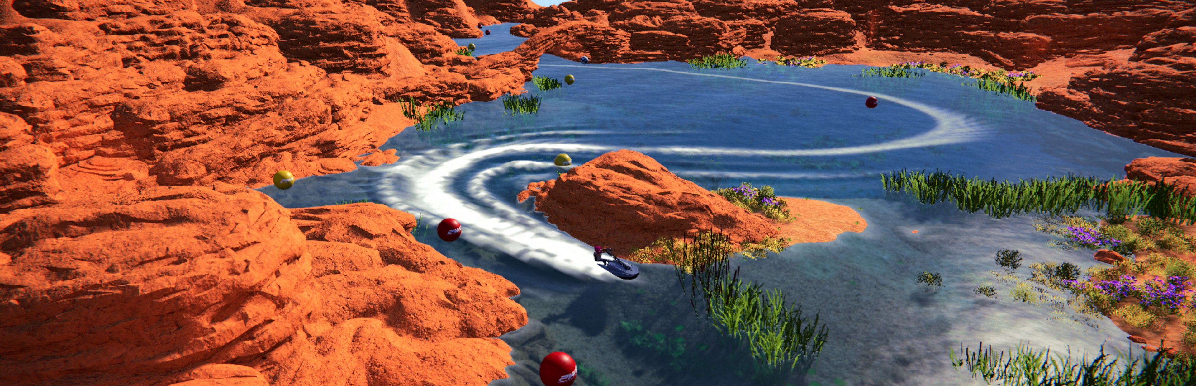 A rider following a buoy course through a red-rock canyon in PWC Simulator
