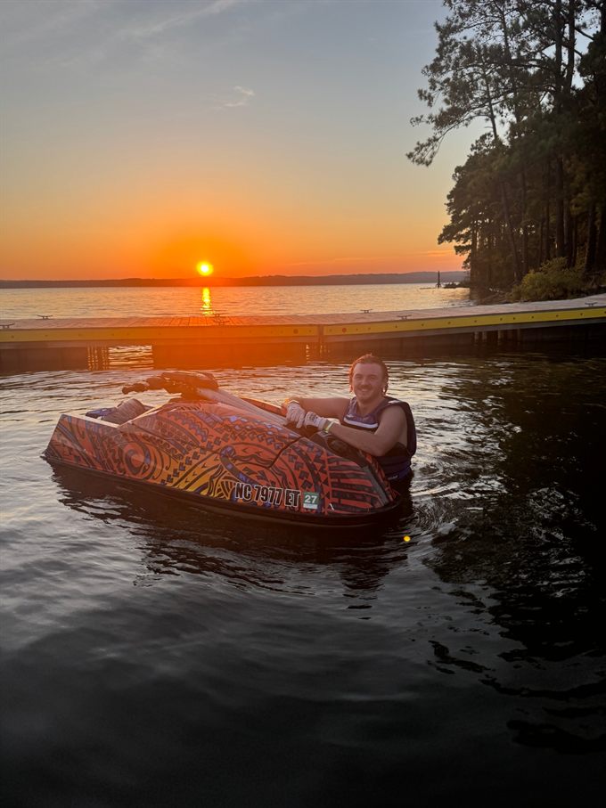 Jim Bisenius with his stand-up jet ski at sunset