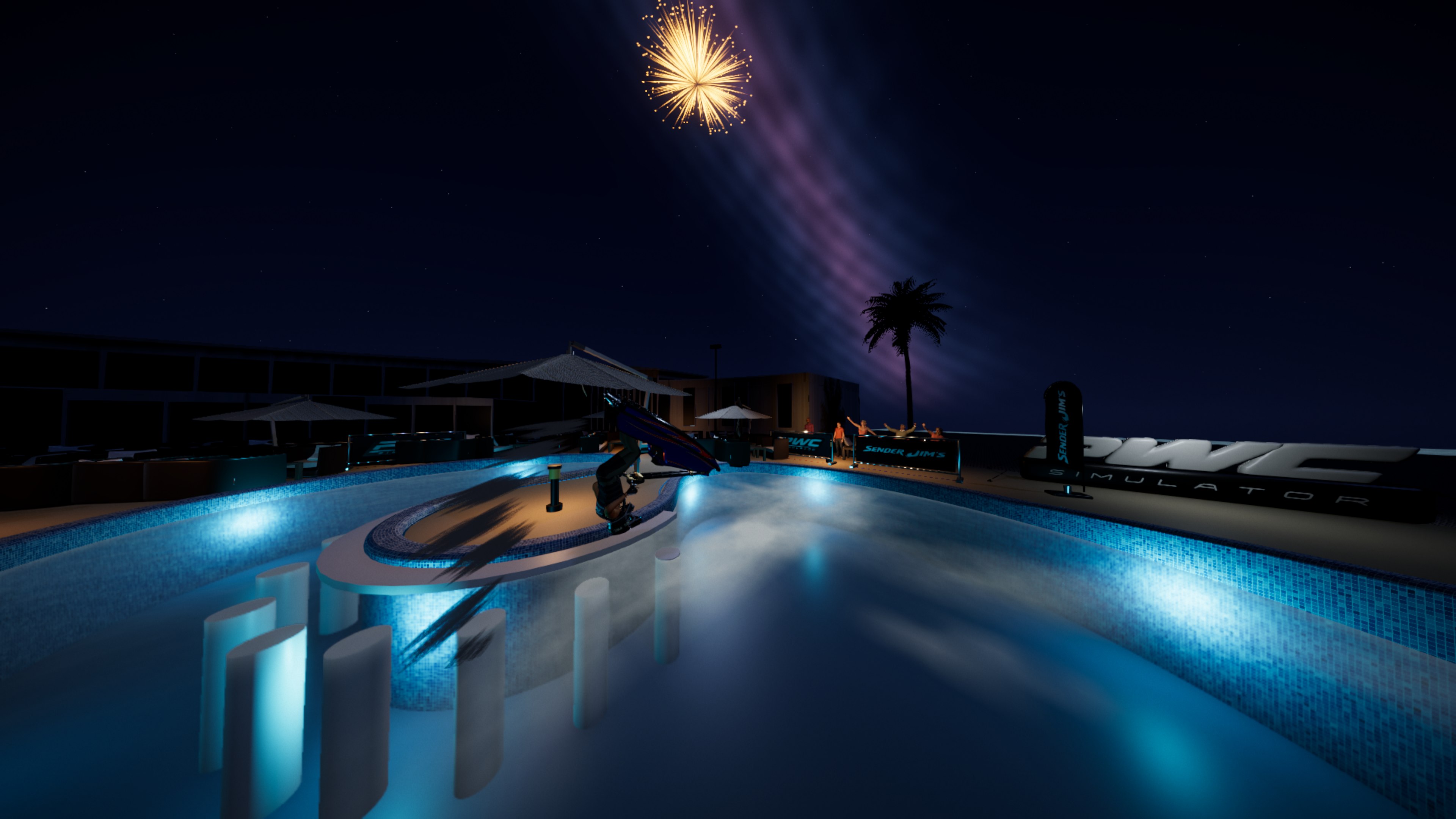 A rider performing a flip over the illuminated freestyle pool