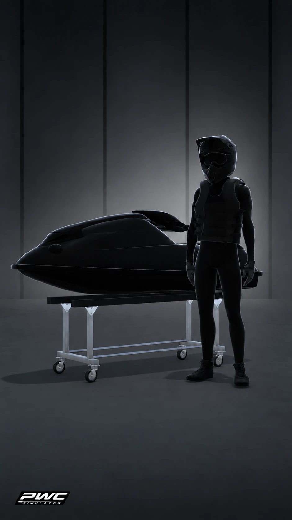 A silhouetted rider in helmet and vest standing beside a stand-up jet ski on a stand