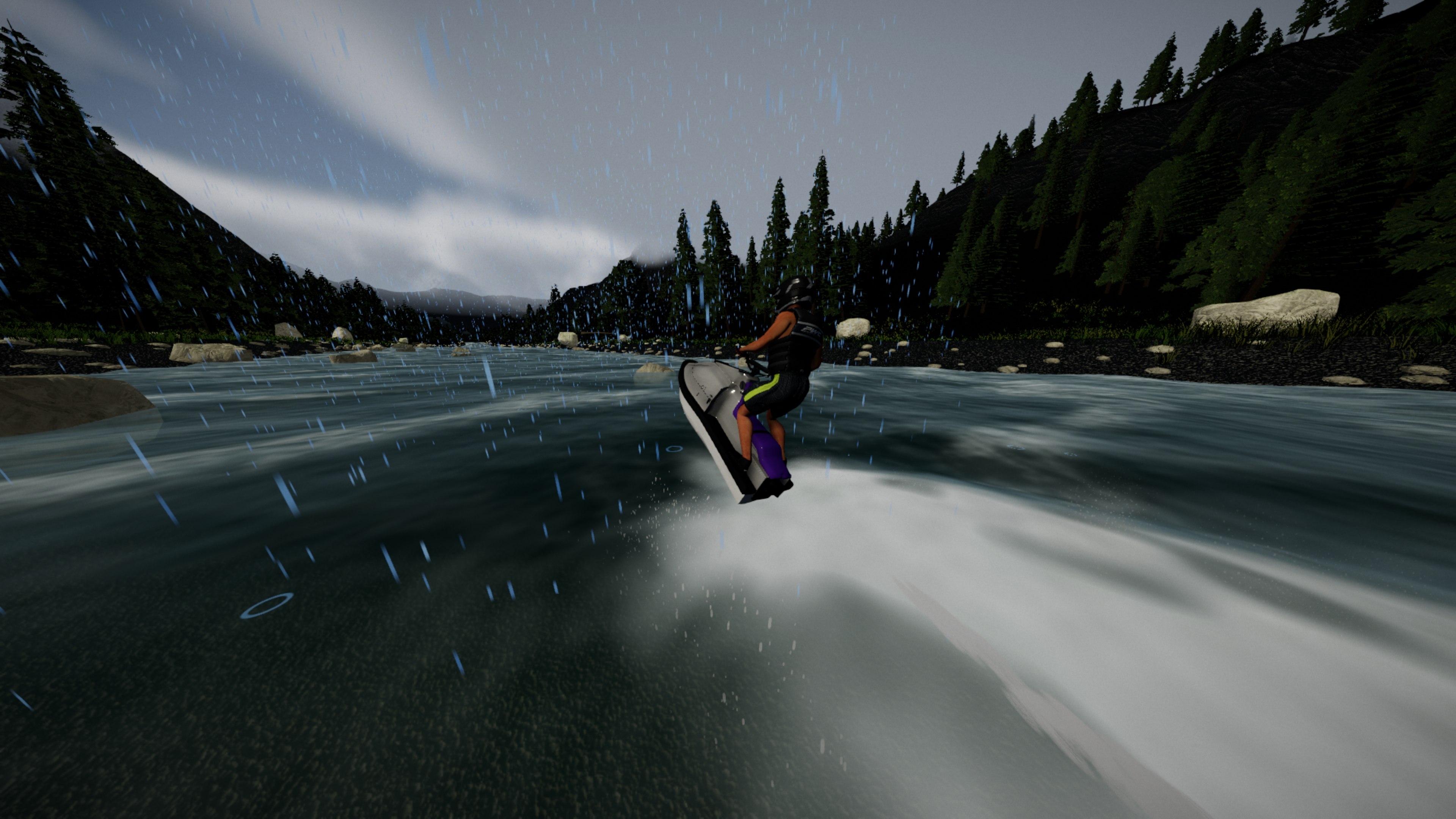 A rider lifting a stand-up ski through rocky whitewater in the rain